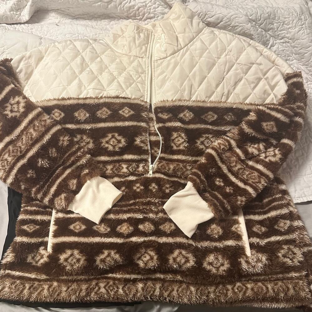 LulaRoe Pullover Sweater Women’s X-Large Sherpa 1/4 Zip White Brown Fair Aisle